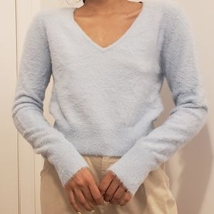 Blue fuzzy crop v-neck sweater